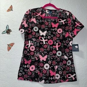 Zoe & Chloe Butterflies and Bows Women's 2 Pocket Scrub Top (NWT)